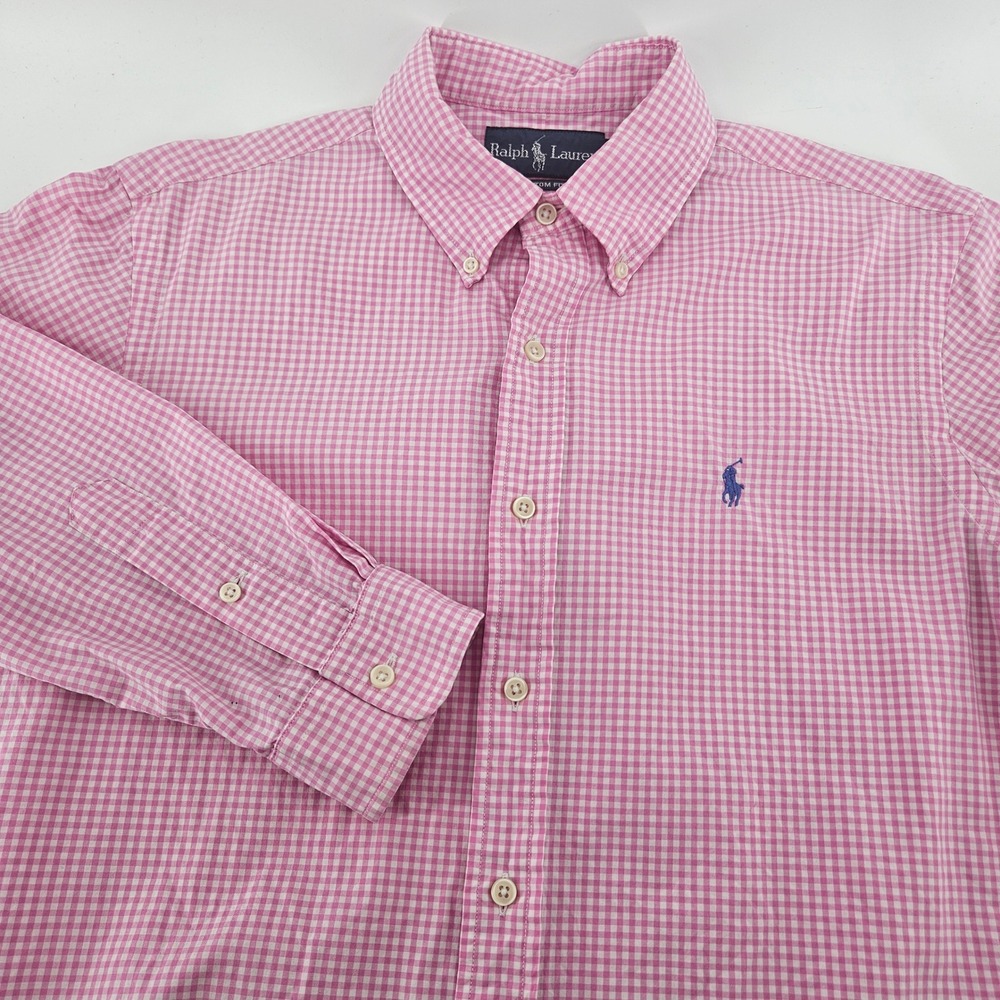 Polo Ralph Lauren Mens Custom Fit Gingham Shirt Pink White Cotton Medium